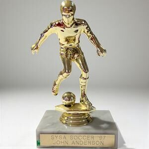 white and gold kicking ball boy soccer Trophy